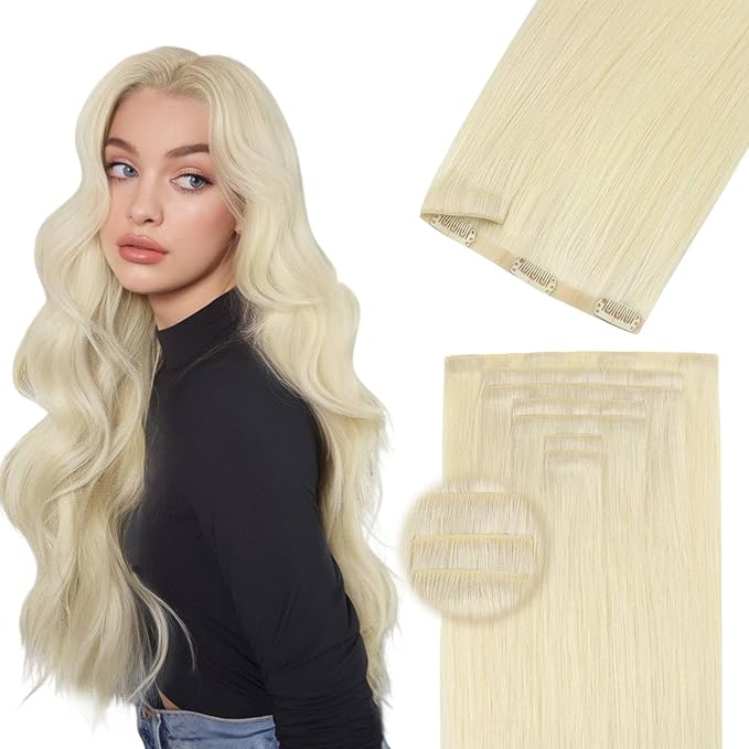 DOORES Invisi Edge Clip in Hair Extensions 16 inch 110g 7pcs, Virgin Real Human Hair PU Clip in Extension Invisible Seamless Natural Thickening Hairstyle, 60A Platinum Blonde