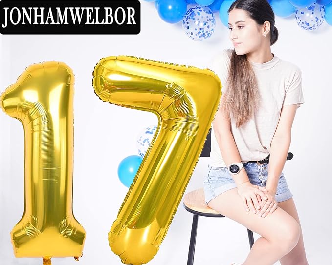 Jonhamwelbor 17 Number Balloons Gold Big Giant Jumbo Number 17 Foil Mylar - Image 4