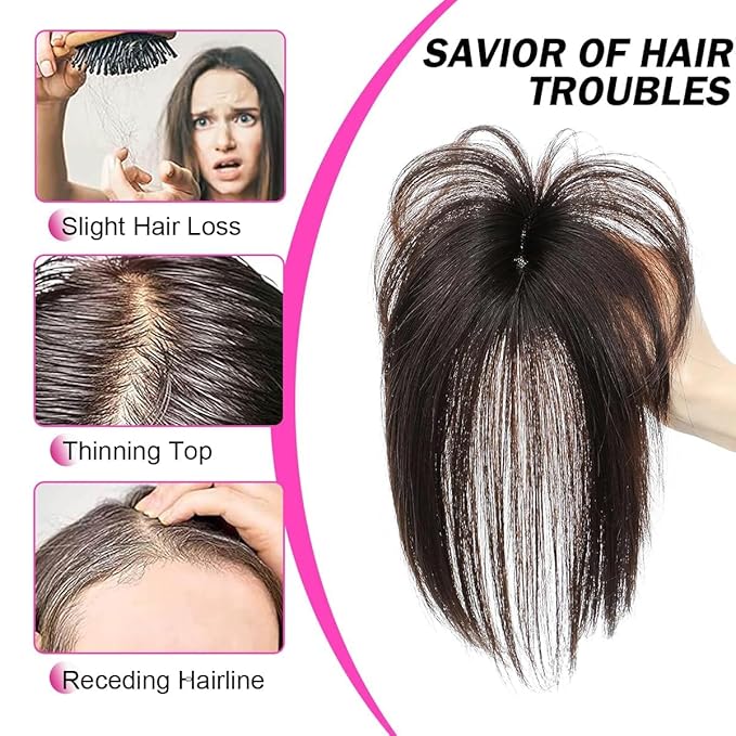 Hair Toppers for Women Real Human Hair 3D Cover Topper with Bangs Hair Extensions Clip in Bangs for Daily Wear Dark Brown #2 Color
