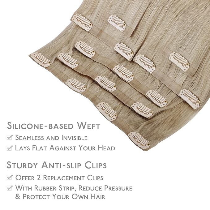 WENNALIFE Seamless Clip In Hair Extensions Human Hair, 12 Inch 80g 7pcs Ombre Ash Blonde to Golden Blonde Balayage Platinum Blonde Remy Hair Invisible PU Skin Weft