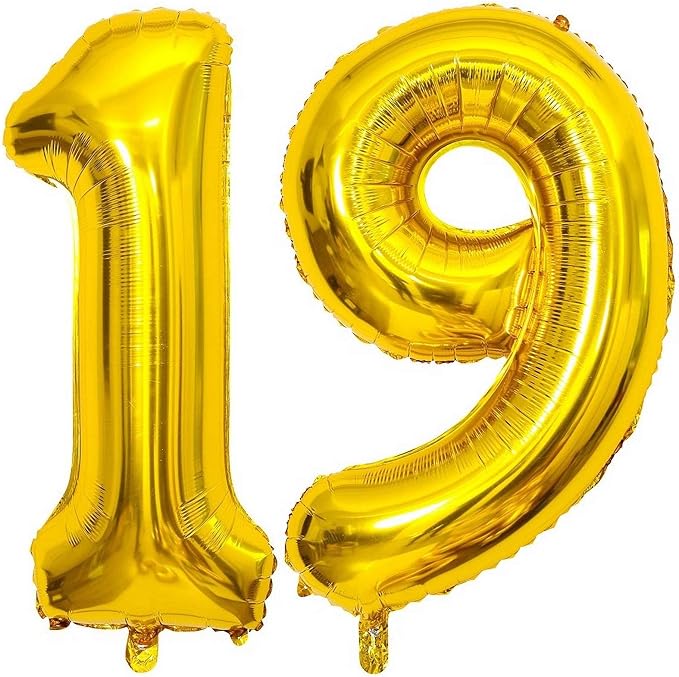 Gold 19 Number Balloons, 40 Inch Giant Number 19 Balloons Foil Mylar Helium by Lovoir
