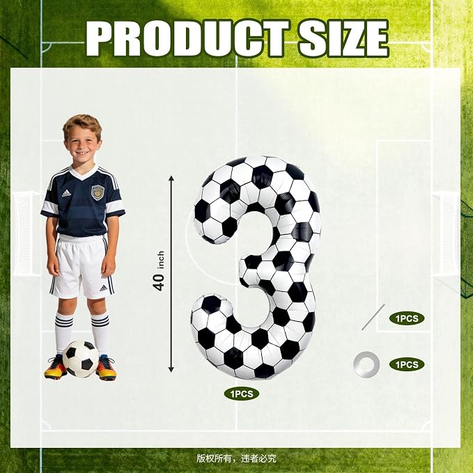 40 Inch Soccer Number 3 Foil Balloon, Soccer Birthday Party Decorations | - Image 2