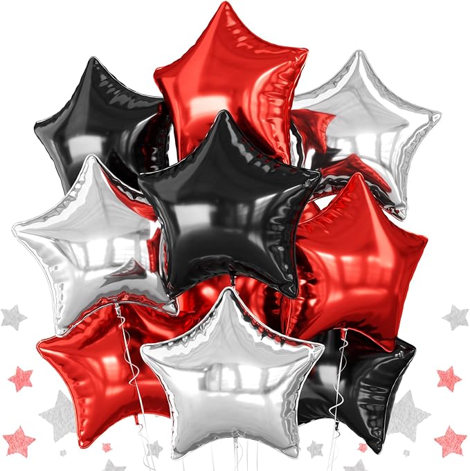 Red Black Silver Star Foil Balloons, 18 Inch Red and Black Stars Balloons by BIAPIAN