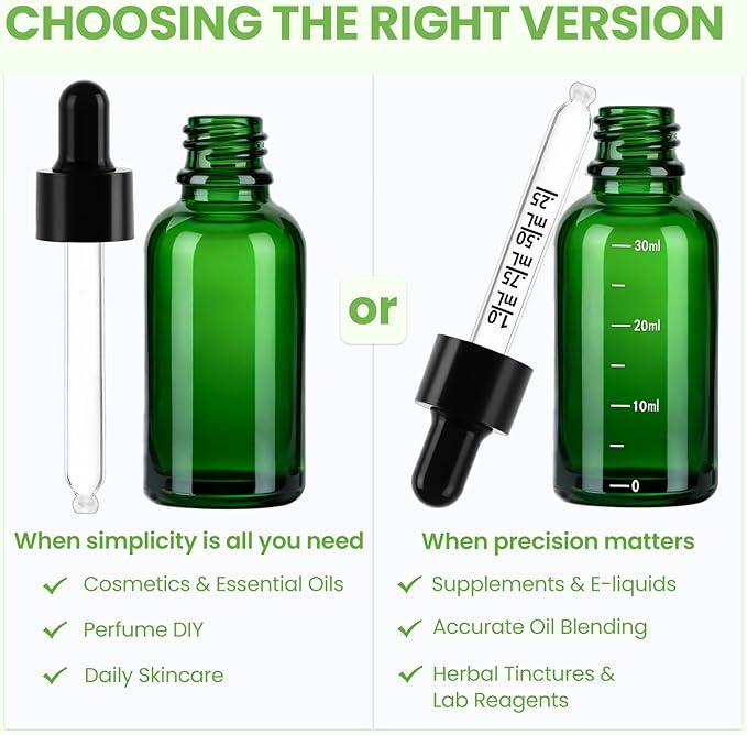 63 Pcs 1oz Green Glass Dropper Bottles with Measurement, 30ml Leakproof Tincture Bottles with Funnels, Eye Droppers, Extra Caps & Labels, Refillable Empty Bottles for Tinctures, Essential Oils