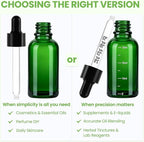 63 Pcs 1oz Green Glass Dropper Bottles with Measurement, 30ml Leakproof Tincture Bottles with Funnels, Eye Droppers, Extra Caps & Labels, Refillable Empty Bottles for Tinctures, Essential Oils