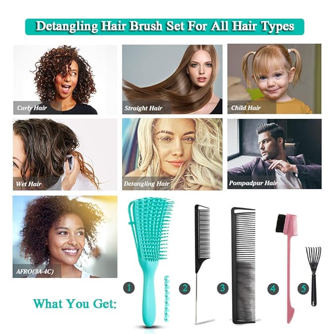 5 Pcs Detangling Hair Brush Set, Ez Detangler Brush With Edge Brush, Rat Tail Combs for Black Natural Hair Styling and Cuting, Curly/Straight/Wet/Dry/long/Short Hair Available for Women Kids Men