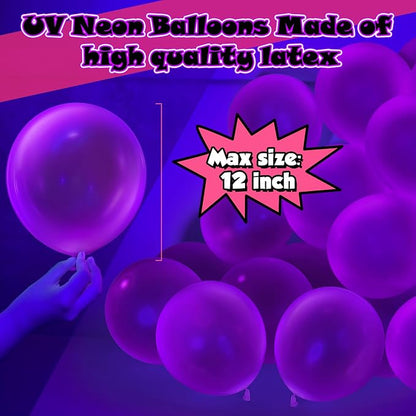 100 Pcs UV Neon Purple Balloons 12 inch Neon Party Supplies, Glow in the Dark - Image 2