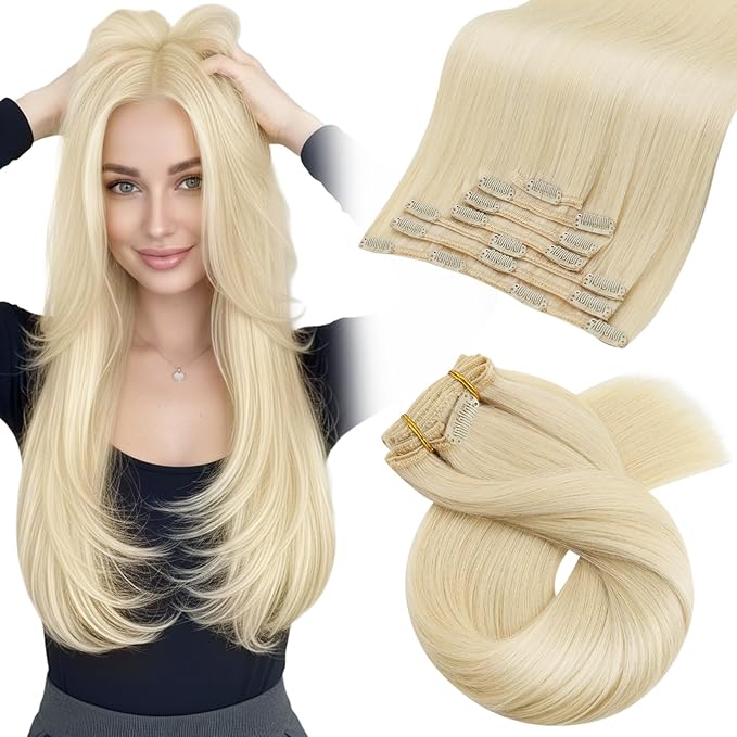 Moresoo Golden Platinum Blonde Clip in Hair Extensions Blonde Hair Extensions Clip ins Real Human Hair for Women Long Double Weft #60 120g/8pcs 18 inch