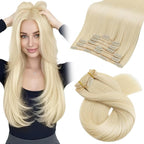 Moresoo Blonde Hair Extensions Clip in Long Golden Platinum Blonde Clip in Hair Extensions Human Hair Remy Double Weft 120g/7pcs 22 inch