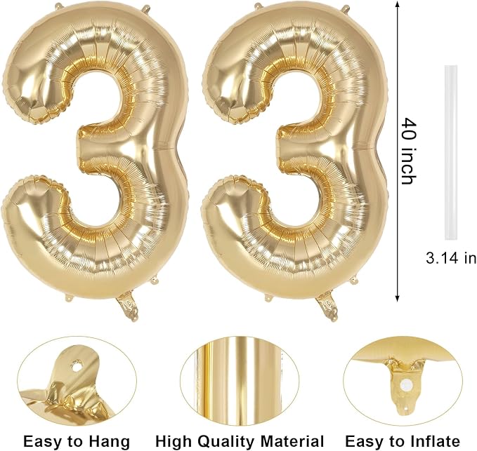 Champagne Gold Large Number 33 Balloon, 40 Inch Light Gold Foil Helium Number - Image 2