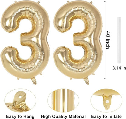 Champagne Gold Large Number 33 Balloon, 40 Inch Light Gold Foil Helium Number - Image 2