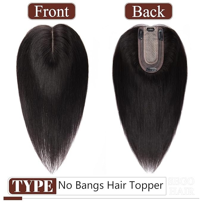 SEGO Real Human Hair Topper for Women, No Bangs Hair Topper with Anti-Slip Clips (18 Inches 1B Natural black)