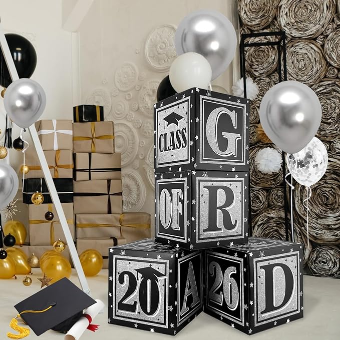 Black and Silver Graduation Decorations Class of 2026 Balloon Boxes by ssailuedecor