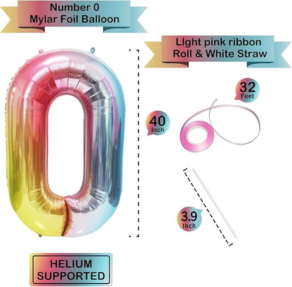 40 Inch Giant Rainbow Number 0 Balloons, Birthday Balloons, Helium Mylar Foil - Image 2