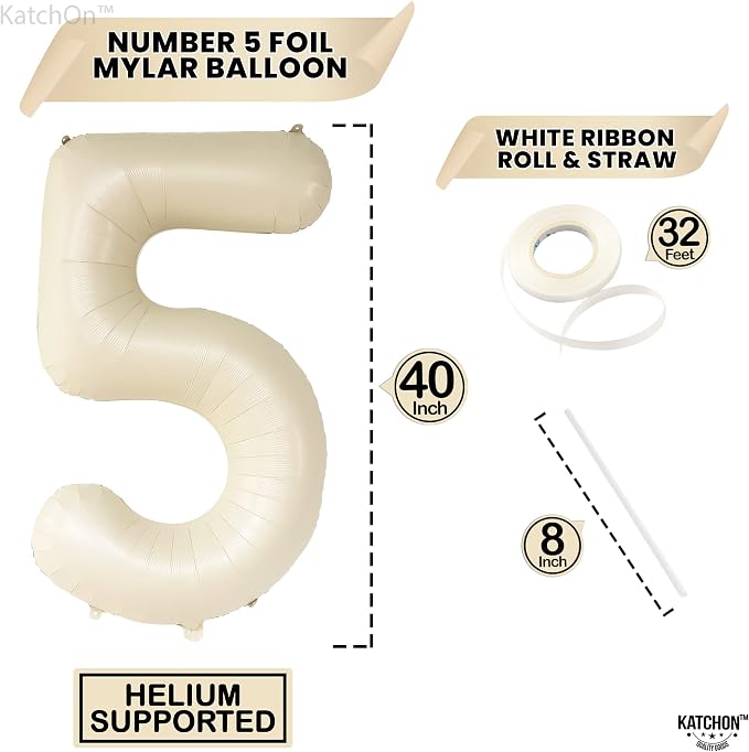 KatchOn Gaint Cream White 5 Balloon Number 40 Inch, 5 Birthday Decorations | 5 - Image 4