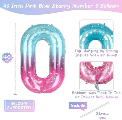 40 Inch Pink Blue Number 0 Balloon, Large Gradient Pink Blue Mylar Foil Number - Image 4