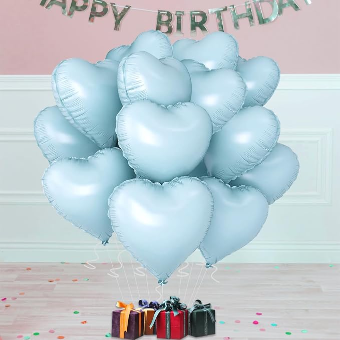 Blue Heart Ballloons, 18 Inch Pastel Blue Foil Love Heart Shaped Balloons 12Pcs - Image 2
