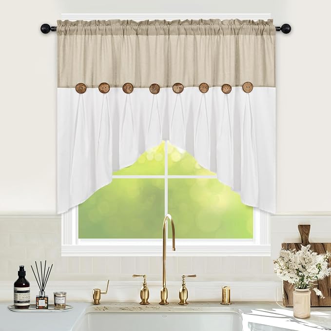 Farmhouse Swag Curtain, Boho Cotton Linen Valance Curtain, Rustic Button Window by FRAMICS