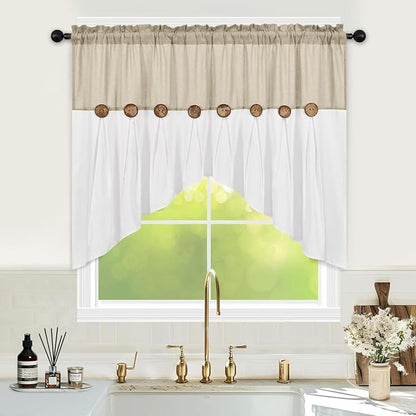 Farmhouse Swag Curtain, Boho Cotton Linen Valance Curtain, Rustic Button Window by FRAMICS