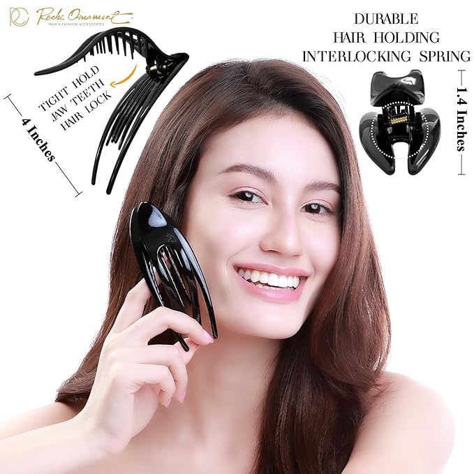 RC ROCHE 6 Pcs Flat Hair Clips Big Claw for Thick Hair French Duckbill Women No Slip Side Slide Curved Alligator Concord Strong Grip Hold Volume Lay Down Clamp, Large Black