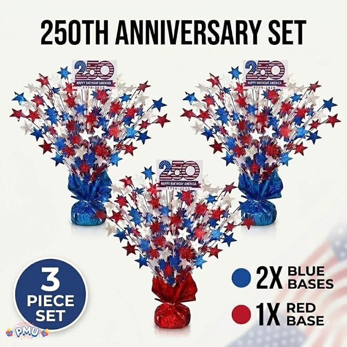PMU 3 Pcs 250th Anniversary Patriotic Star Metallic Foil Spray Centerpiece Red - Image 8