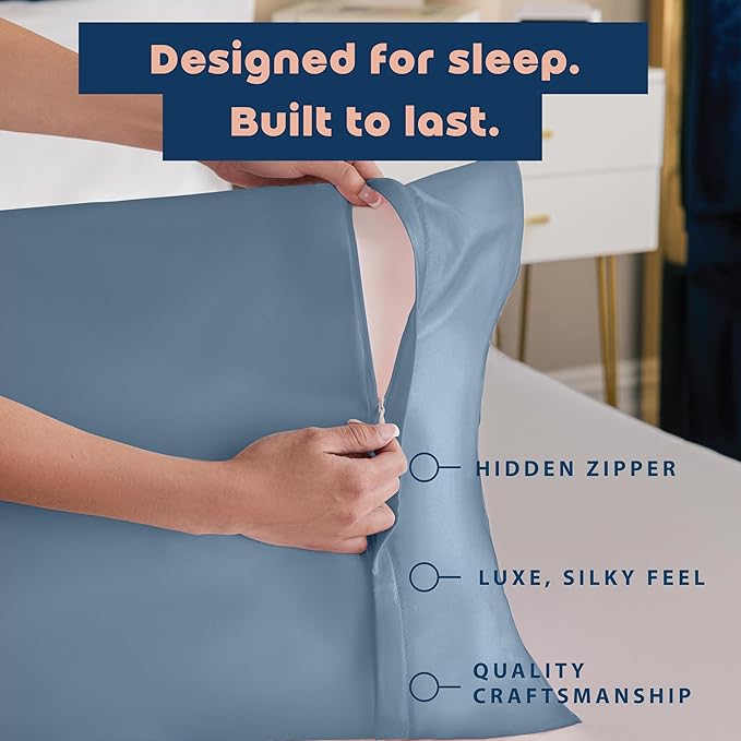 BLISSFORD Satin Pillowcase with Zipper, for Hair and Skin Care, Feels Soft and Cool Like a Silk Pillowcase, Satin Pillow Cases 2 Pack, Slik Pillow Cover, Slate Blue - King Size, Set of 2