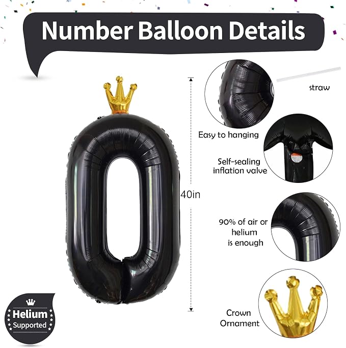 Crown Black Number 0 Balloons for Girls, 40 Inch Foil Large, Crown 0-9 Set - Image 2