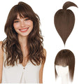 Hairro Mono Hair Toppers with Bangs, 3.4" x 3.4" Mono Base 100% Real Human Hairpieces for Women, 150% Density Clips In Topper for Greyish Thinning Hair, 12 Inch Dark Brown