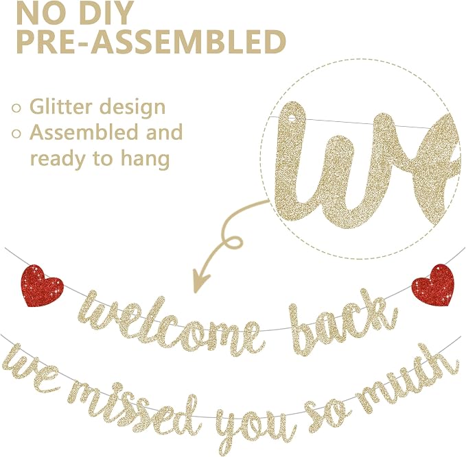 Glitter Champagne Welcome Back We Missed You So Much Banner NO DIY | Pre-Strung - Image 2