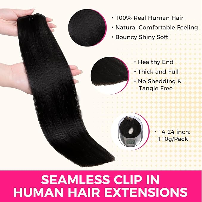 Lashey Seamless Clip in Hair Extensions Human Hair #1 Jet Black Light Yaki Straight Clip in Hair Extensions Real Human Hair 7pcs 110g 16 Inch PU Weft Natural Hair Extension for Women