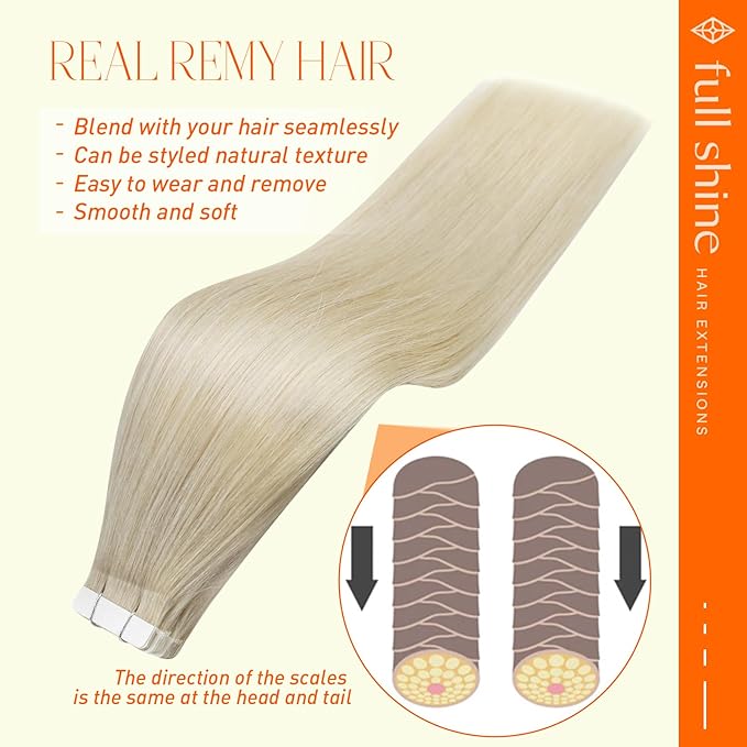 Full Shine Blonde Tape in Hair Extensions Human Hair 12 Inch Seamless Tape in Hair Extensions 60 Platinum Blonde Tape Extensions Soft Natural Tape in Extensions Remy Human Hair 30G Silky 20 Pcs