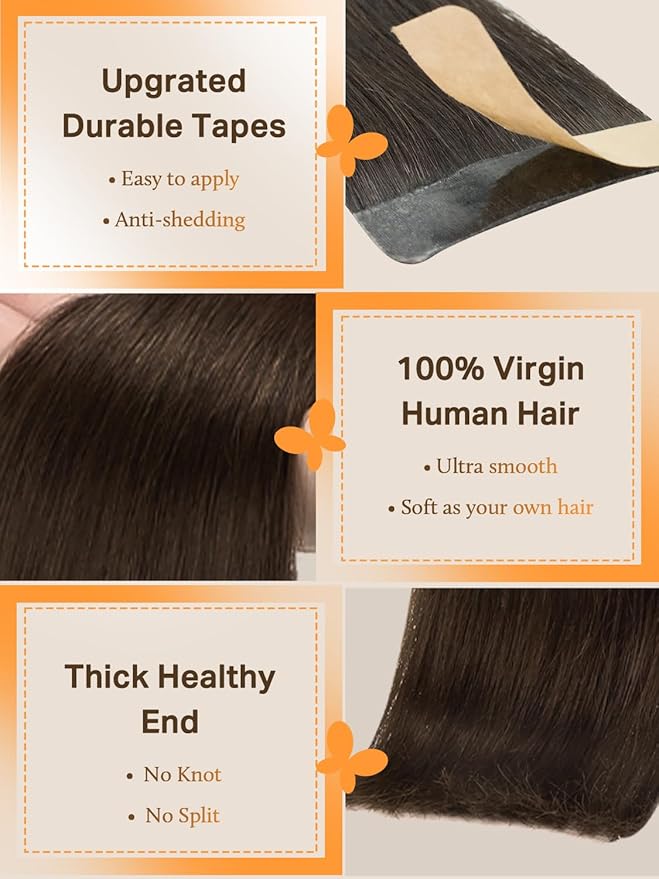 DOORES Hair Extensions Real Human Hair, Chocolate Brown 25g 10pcs 14 Inch, Tape in Hair Extensions Human Hair Remy Hair Silky Straight Skin Weft Real Natural Hair