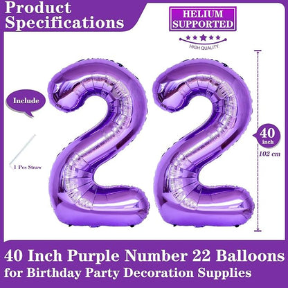 Purple 22 Number Balloons, 40 Inch Giant Number 22 Balloons Foil Mylar Helium - Image 2