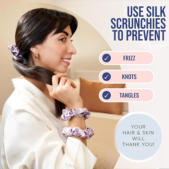 Blissy Silk Scrunchies (3 Pack) - 100% Pure Mulberry Silk - 22 Momme 6A High-Grade Fibers Scrunchie for Straight & Curly Hair - Preventing Breakage, Tangling, & Creasing (Lavender Skinny)