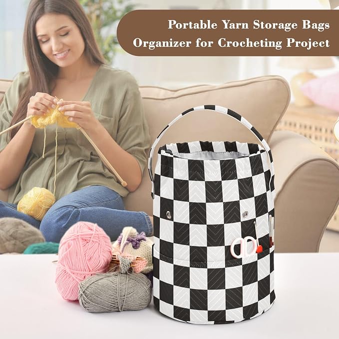 Checkered Black Yarn Bag Small Crochet Bag Drawstring Yarn Storage Organizer - Image 4