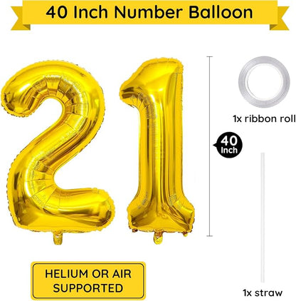 Gold Number 21 Balloon, 40 Inch Large 12/21 Number Foil Mylar Balloons - Image 2