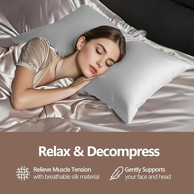 Set of 2 100% Mulberry Silk Pillow Cases - 6A Luxury Silk Pillowcase for Hair and Skin – Anti-Wrinkle, Cooling & Smooth, Hidden Zipper – 2 Pack White Silk Pillow Cases (White, Standard)