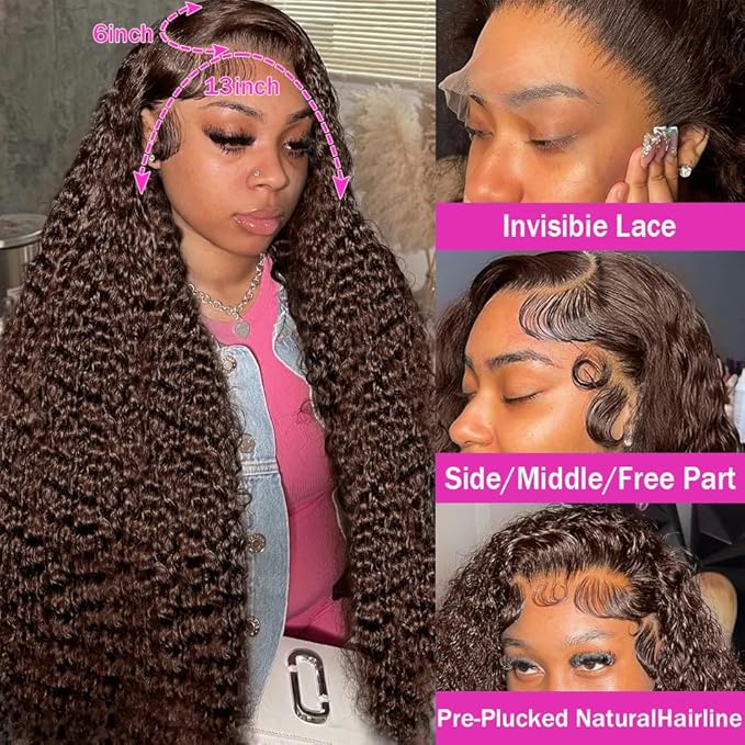 Anderah Chocolate Brown Deep Wave Lace Front Wigs Human Hair 200 Density 13x6 HD Lace Frontal Wigs Curly Human Hair Wig For Women Pre Plucked with Natural Hairline 4# Brown Color (36inch)