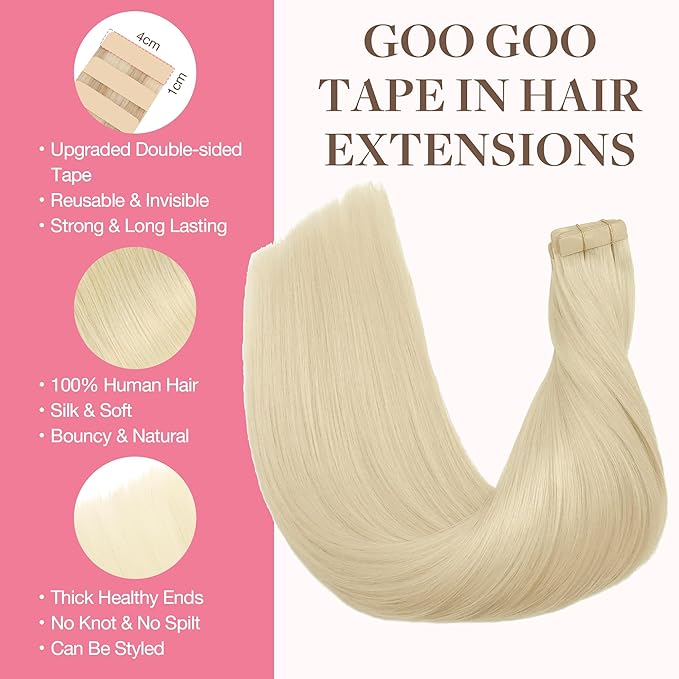 GOO GOO Tape in Hair Extensions Human Hair, 60A Platinum Blonde, 12inch 80g 40pcs, Skin Weft Seamless Invisible, Silky Straight with Thick Ends, Remy Human Hair
