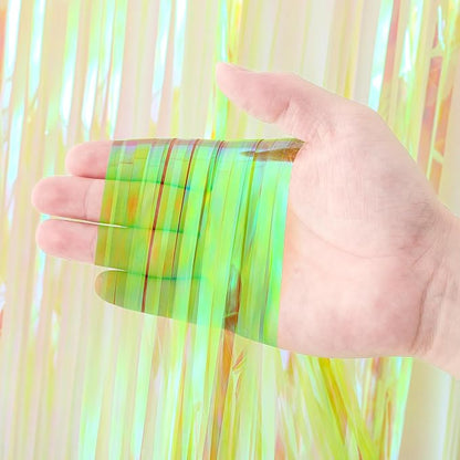 Voircoloria Iridescent Green Fringe Backdrop Curtains, 3 Pack | Tinsel Streamers - Image 2