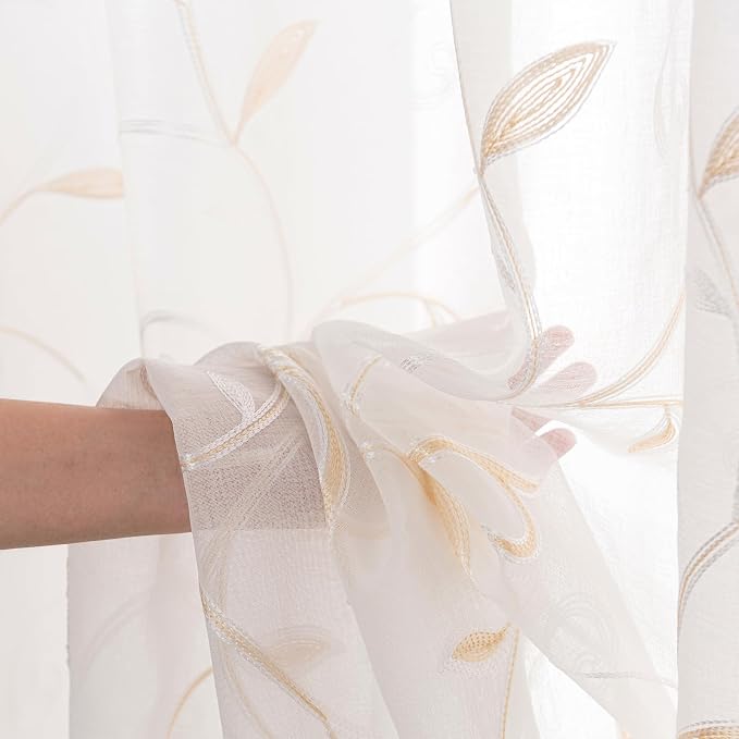 Kitchen Sheer Cafe Curtains Embroidered Leaves Beige 26Wx36L | Light Filtering - Image 3
