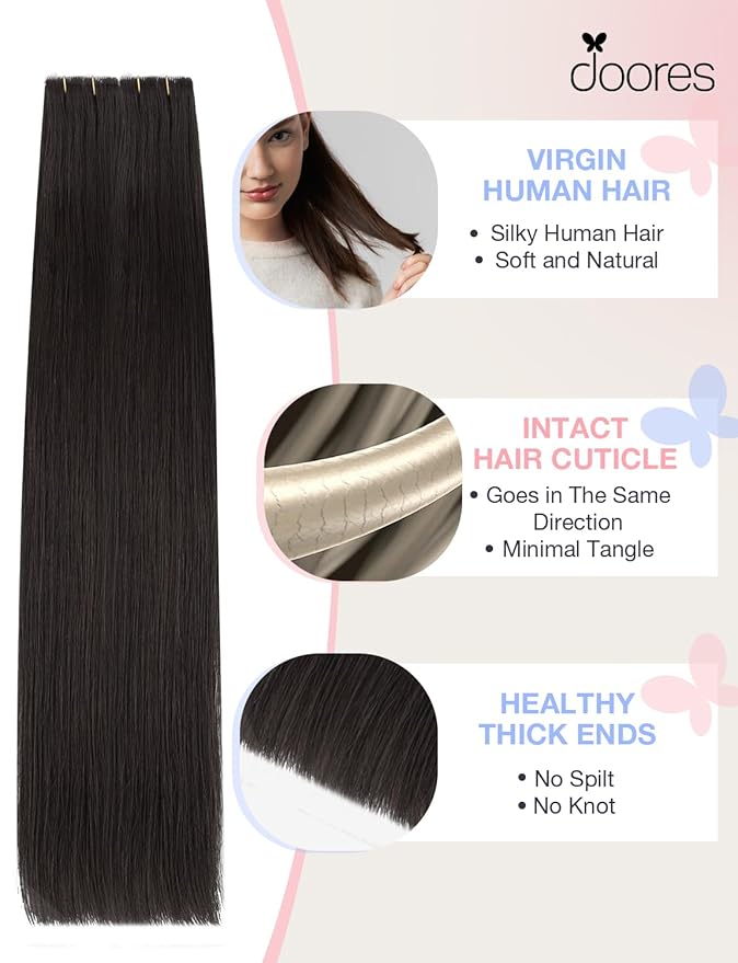DOORES Invisi Edge Tape in Hair Extensions, Natural Black 10 Injection Tapeins with 10 Injection Tapeins 50g 24 Inch, Injected Tape in Extensions Virgin Hair Thick Ends
