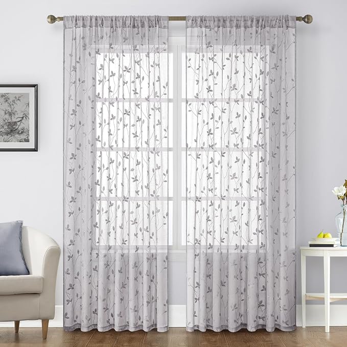 HOMEIDEAS Light Grey Sheer Curtains W52 x L96, Embroidered Vine Leaf | 2 Panels by HOMEIDEAS