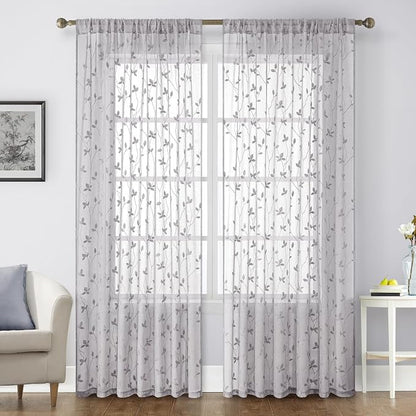 HOMEIDEAS Light Grey Sheer Curtains W52 x L96, Embroidered Vine Leaf | 2 Panels by HOMEIDEAS