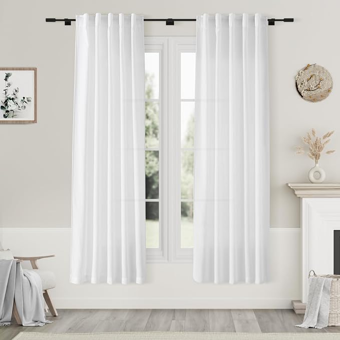 White Linen Curtains for Bedroom Thermal Insulating Back Tab Privacy Light by Nanspring