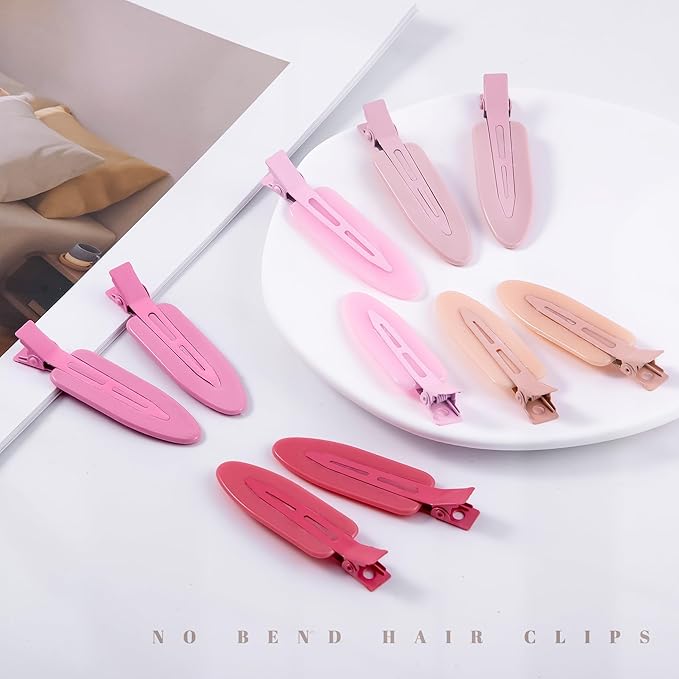 10 Pcs Creaseless No Crease No Bend Flat Hair Clips For Styling Non Slip Makeup Clips For Women Salon Hairstyle, Pink Rose Red