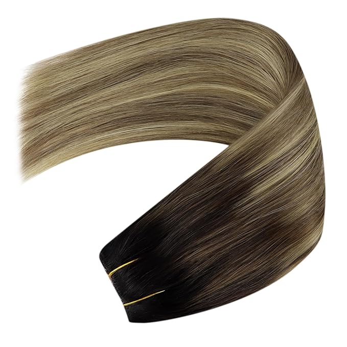 YoungSee 130G Invisible Wire Hair Extensions Balayage Wire Human Hair Extensions Dark Brown Balayage Medium Brown with Blonde Fish Line Hair Extensions Real Human Hair Long Straight Hair 22inch