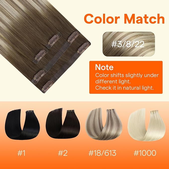 Full Shine Dark Brown Seamless Clip In Hair Extensions, Brown to Ash Brown Highlight Medium Blonde Balayage Clip ins, PU Skin Weft Natural Remy Human Hair Extension, Coverage 4Pcs 20Inch 95 Grams