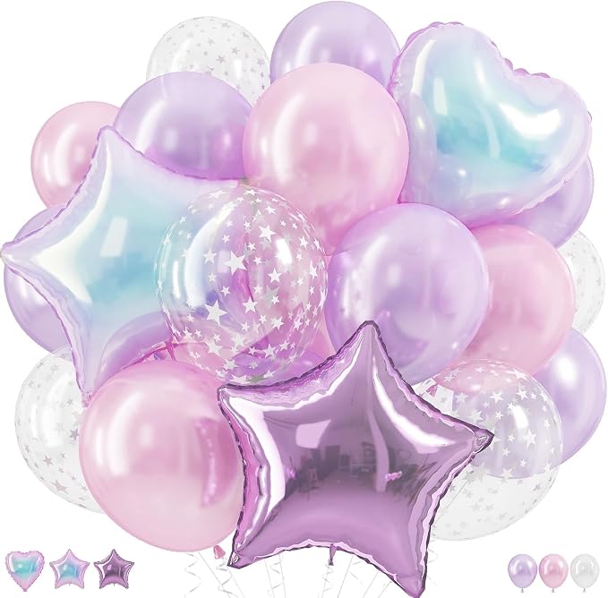 Pink and Purple Balloons, Pastel Pale Pink Light Purple Lilac Transparent Star by Froova