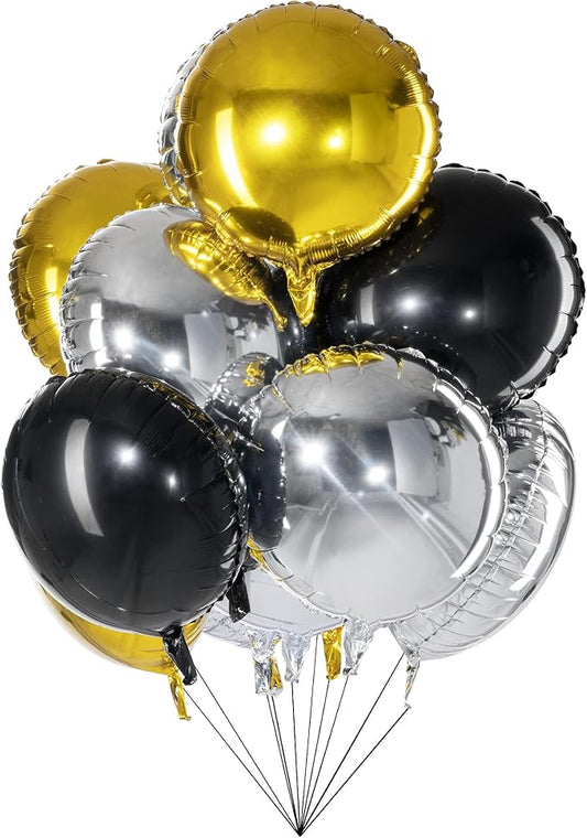 18" Black Gold Silver Balloons Round Foil Mylar Helium Balloons by Adeer
